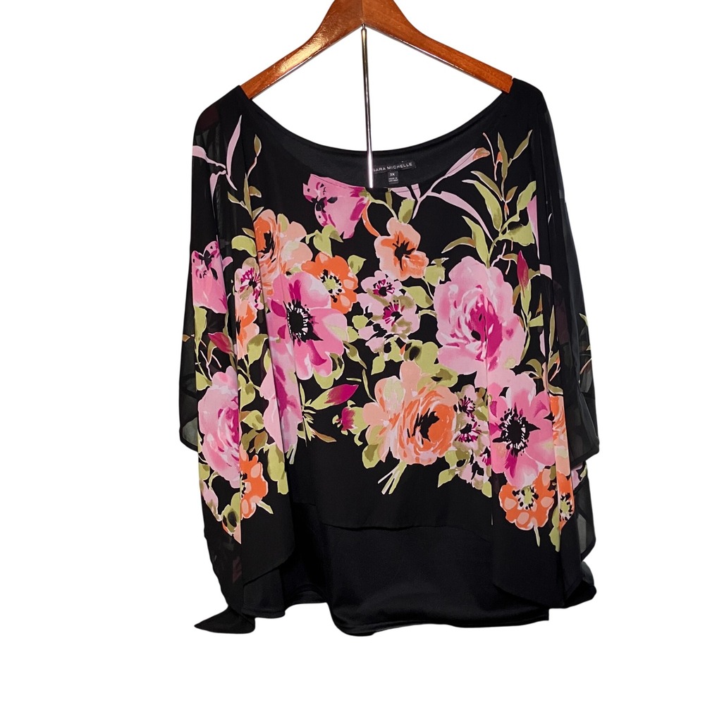 Sara Michelle Womens 3X Floral Poncho Blouse Black Pink Flutter Sleeve